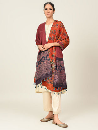 Multicolour Ajrakh Bandhani Wool Mashru Reversible Shawl with Kantha
