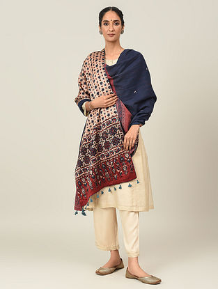 Multicolour Ajrakh Bandhani Wool Mashru Reversible Shawl with Kantha