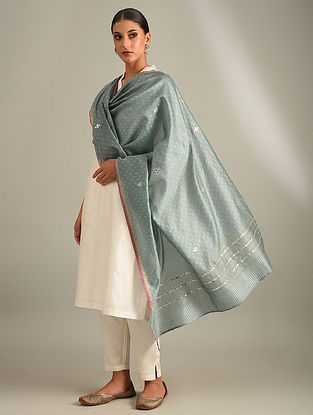 Blue Handwoven Blockprinted Silk Cotton Dupatta with Gota Patti