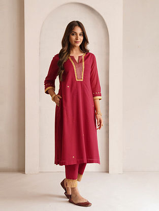 Red Hand Embroidered Cotton Kurta with Lining