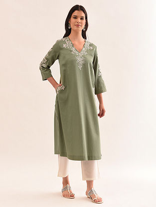 Green Embroidered Cotton Kurta with Pockets