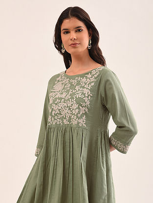 Green Embroidered Cotton Kurta with Pockets