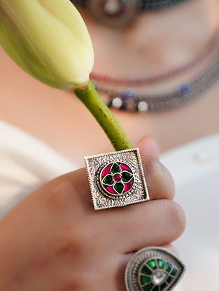 Pink Green Tribal Silver Ring 