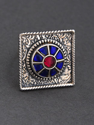 Blue Pink Tribal Silver Ring 
