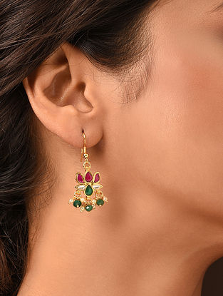 Pink Green Gold Tone Kundan Earrings