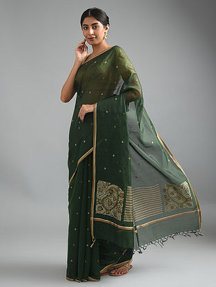 Dark Green Handowoven Silk Cotton Saree