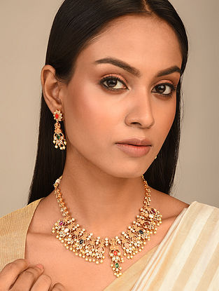 Multicolor Gold Tone Temple Necklace with Earrings (Set of 2)