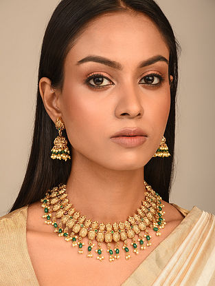Green Red Gold Tone Temple Necklace with Earrings (Set of 2)