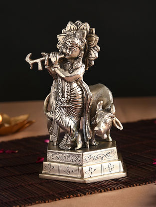 Brass Krishna With Cow Idol On Hexagonal Base