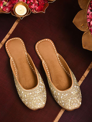 Dull Gold Hand Embroidered Leather Mojaris With Zari Work