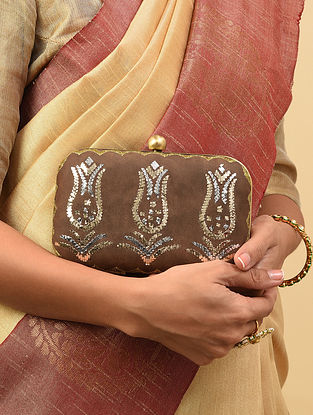 Tan Handcrafted Mukaish Work Vegan Leather Clutch