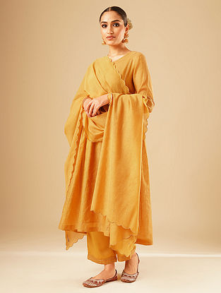 Mustard Embroidered Silk Cotton Dupatta with Scalloping