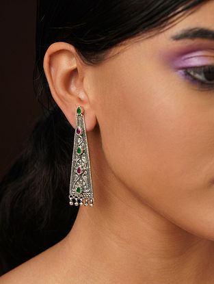 Ruby Pink Green Tribal Silver Earrings 