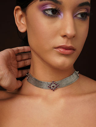 Ruby Pink Tribal Silver Choker Necklace