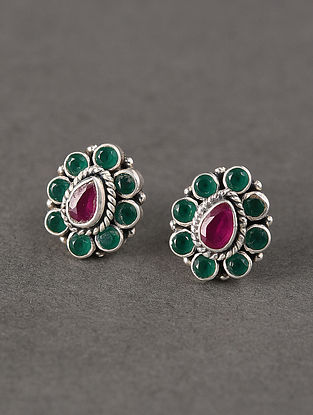 Ruby Pink Green Tribal Silver Earrings