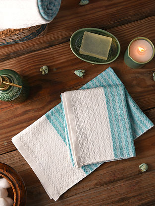 Aqua Cotton Handloom Hand Towel (Set Of 2)