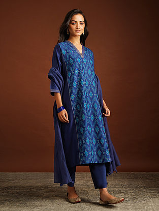 Blue Handloom Ikat Silk Cotton Kurta With Mukaish