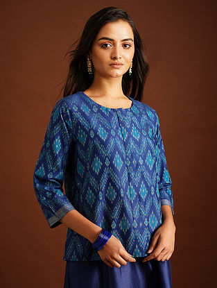 Blue Handloom Ikat Silk Cotton Jacket With Mukaish