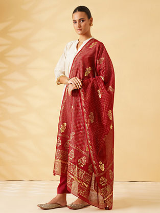 Red Foil Printed Silk Cotton Dupatta With Tassels