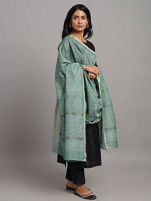 Green Handwoven Block Printed Cotton Silk Dupatta