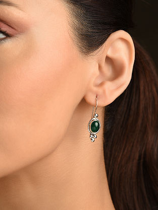 Green Tribal Silver Earrings With Cabochon