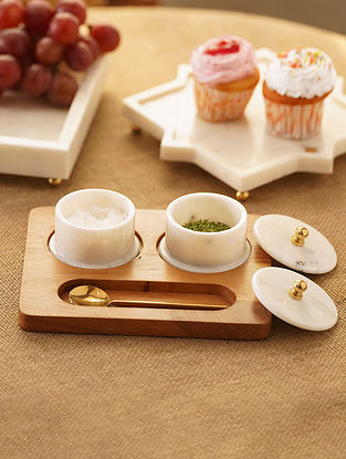 Handcrafted Marble Mouth Freshener Dani With Wooden Tray And Spoon