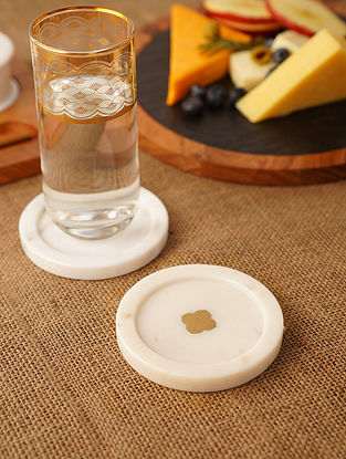 Handcrafted White Marble Coasters With Brass Inlay (Set Of 2)