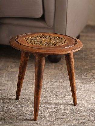 Handcrafted Round Wooden Side Table With Gold Foiling