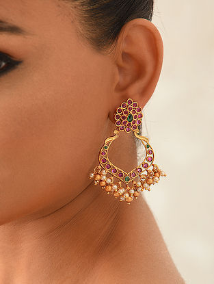 Ruby Pink Green Gold Tone Temple Dangler Earrings 