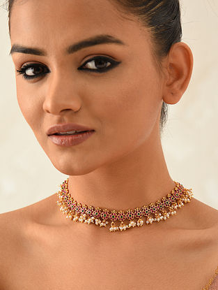 Ruby Pink Green Gold Tone Temple Choker Necklace