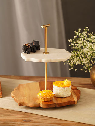 Handcrafted Marble And Wooden Two-Tier Cake Stand