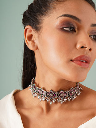 Ruby Pink Green Silver Tone Temple Choker Necklace 