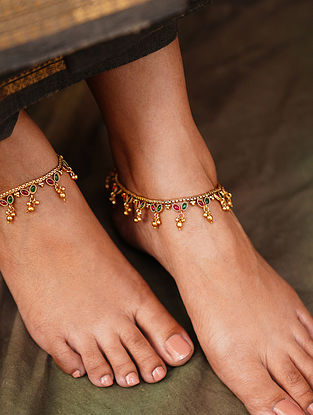 Red Green Tone Temple Anklets (Pair)