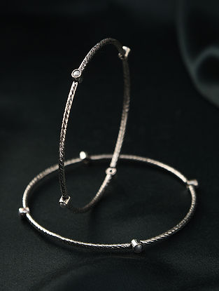 Tribal Silver Bangle with Pearls (Pair)