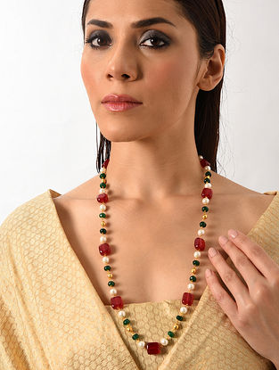 Red Green Gold Tone Beaded Long Necklace 