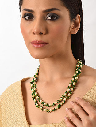 Green White Gold Tone Beaded Layered Necklace 