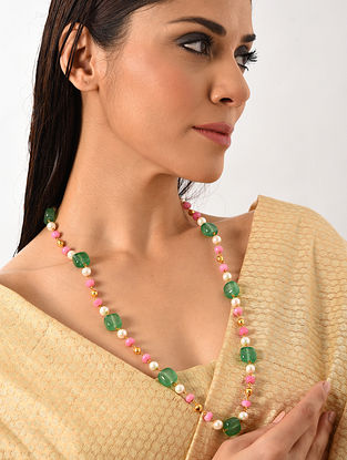 Pink Green Gold Tone Beaded Long Necklace 