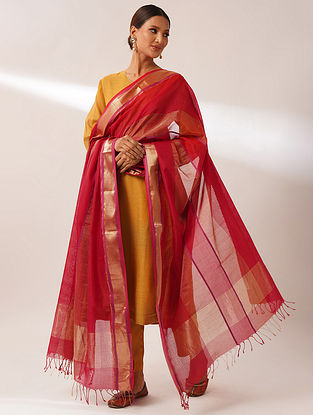 Red Handwoven Maheshwari Cotton Silk Dupatta