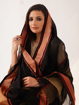 Black Handwoven Maheshwari Silk Cotton Dupatta