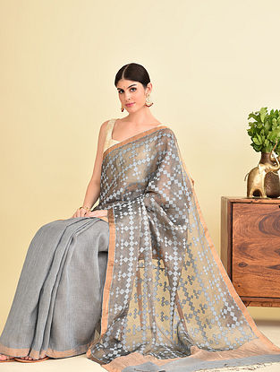 Grey Handwoven Linen-Matka Jamdani Saree