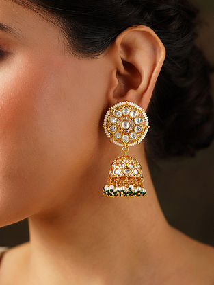 Green Gold Tone Kundan Jhumki Earrings with Pearls