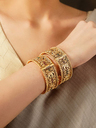 Gold Tone Temple Bangles (Size- 2/4) (Set of 2)