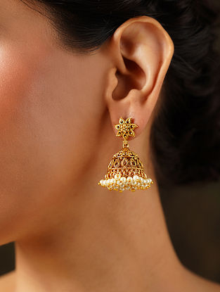 Gold Tone Temple Jhumki Earrings with Pearls