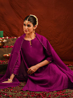 Purple Chanderi Kurta with Pintucks and Gota with Modal Pants and Chanderi Hand Embroidered Dupatta (Set of 3)