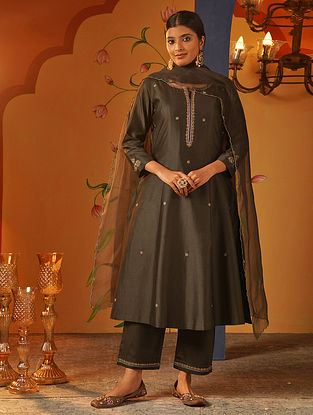 Charcoal Chanderi Kalidar A-Line Kurta (with Cambric Cotton Slip) with Cotton Silk Pants and Organza Dupatta (Set of 4)