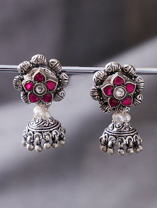Pink Tribal Silver Kundan Jhumki Earrings with Freshwater Pearls
