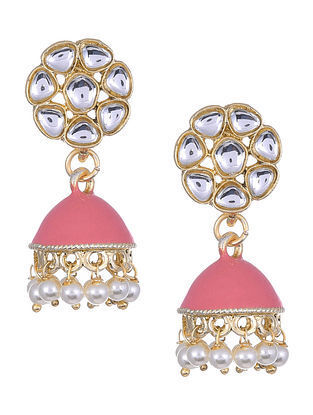 Pink Gold Tone Kundan Enameled Jhumki Earrings With Pearls