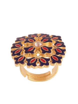 Red Blue Gold Plated Enameled Adjustable Ring