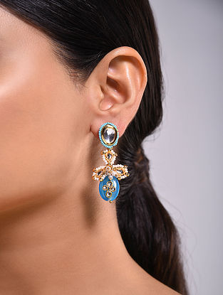 Turquoise Gold Tone Kundan Beaded Earrings