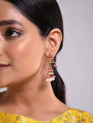 Pink Gold Tone Kundan Earrings With Pearls